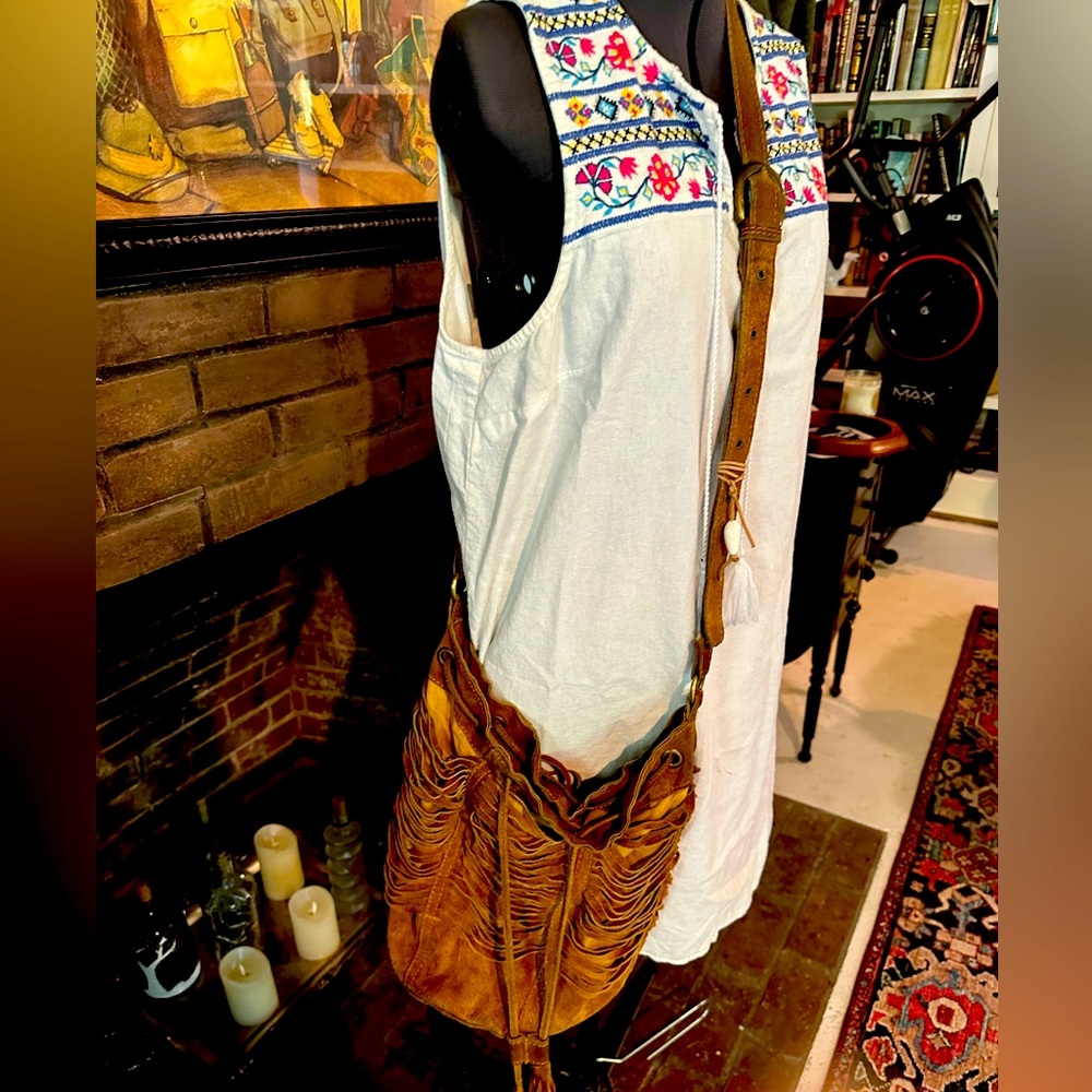Hippie bucket genuine suede leather bag M/L tassels